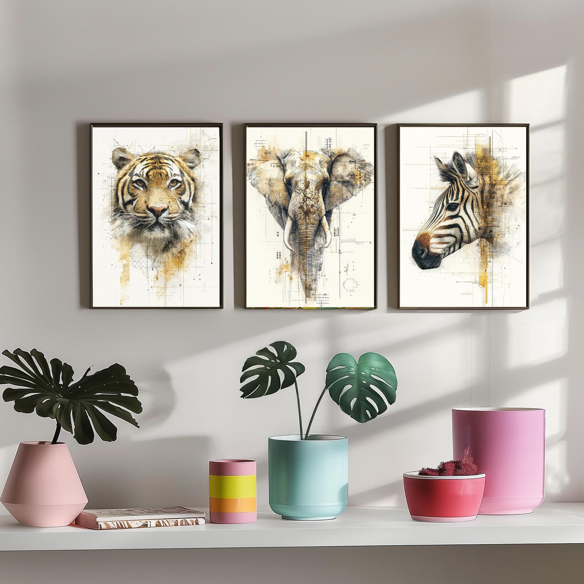 Safari Animals Set of Three Art Prints - 3 Tiger Elephant Zebra Posters - Gold Blueprint Watercolour Wall Art Illustration