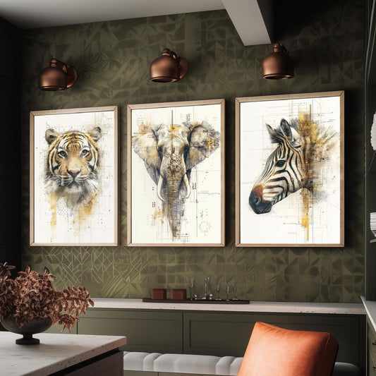 Safari Animals Set of Three Art Prints - 3 Tiger Elephant Zebra Posters - Gold Blueprint Watercolour Wall Art Illustration