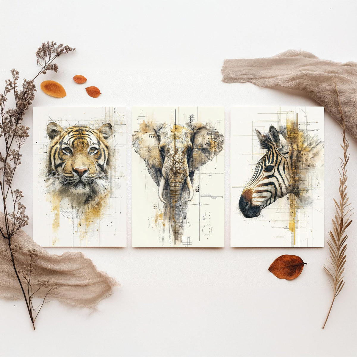 Safari Animals Set of Three Art Prints - 3 Tiger Elephant Zebra Posters - Gold Blueprint Watercolour Wall Art Illustration