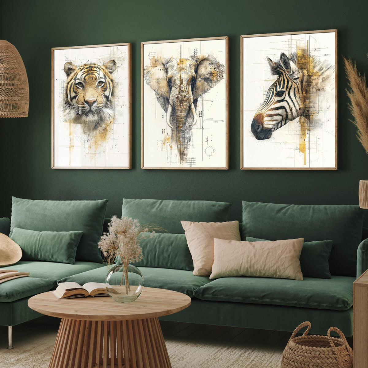 Safari Animals Set of Three Art Prints - 3 Tiger Elephant Zebra Posters - Gold Blueprint Watercolour Wall Art Illustration