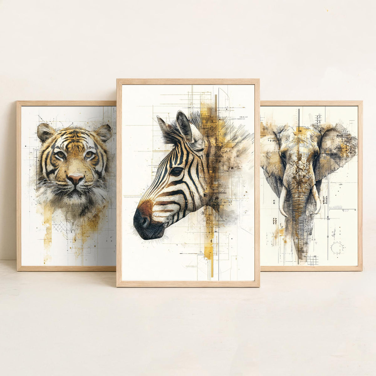Safari Animals Set of Three Art Prints - 3 Tiger Elephant Zebra Posters - Gold Blueprint Watercolour Wall Art Illustration