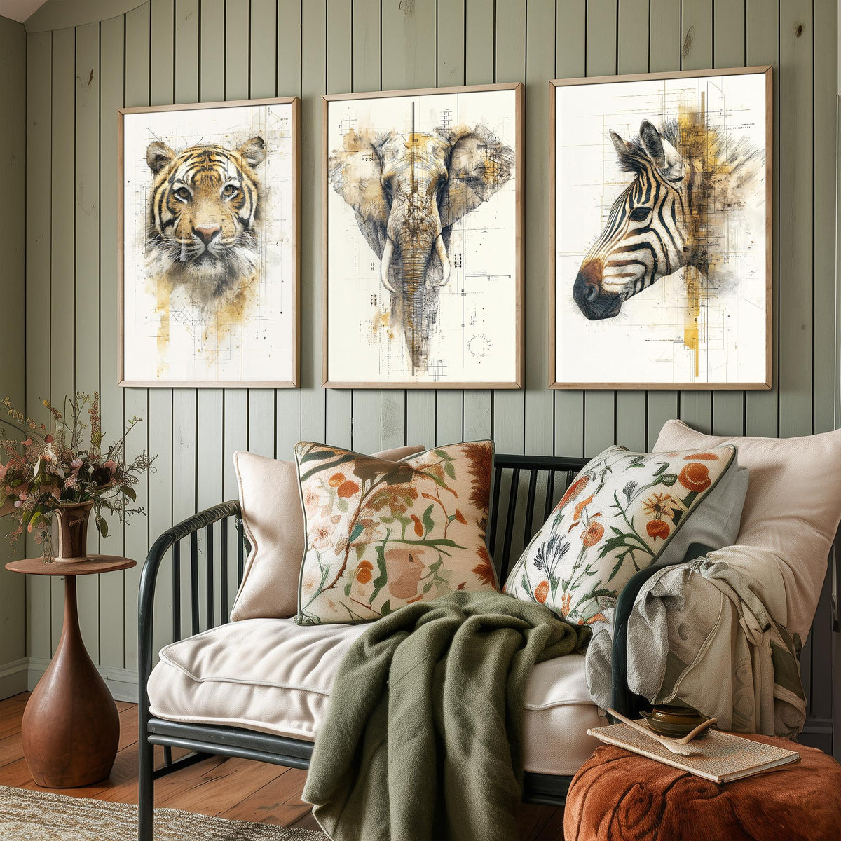 Safari Animals Set of Three Art Prints - 3 Tiger Elephant Zebra Posters - Gold Blueprint Watercolour Wall Art Illustration