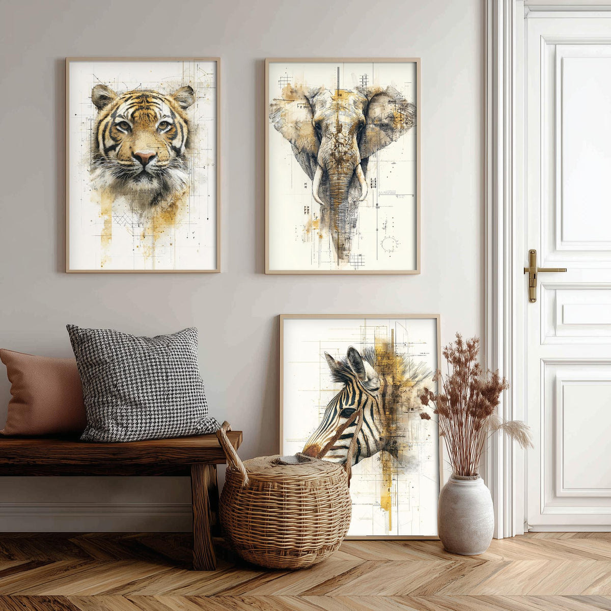 Safari Animals Set of Three Art Prints - 3 Tiger Elephant Zebra Posters - Gold Blueprint Watercolour Wall Art Illustration