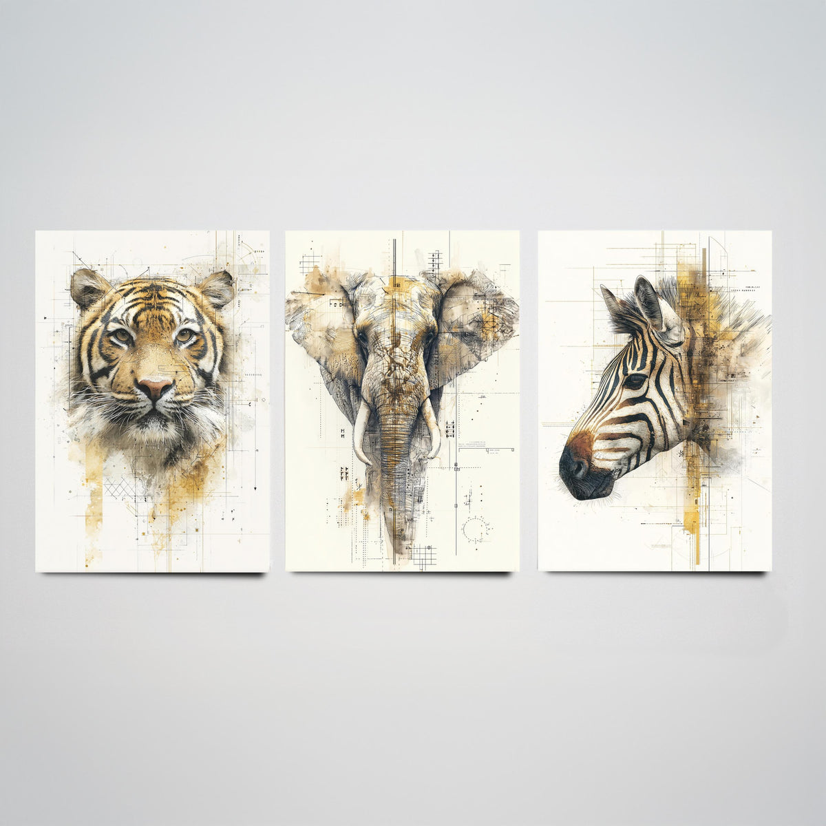 Safari Animals Set of Three Art Prints - 3 Tiger Elephant Zebra Posters - Gold Blueprint Watercolour Wall Art Illustration