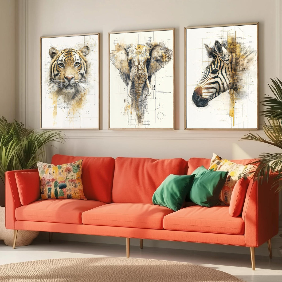 Safari Animals Set of Three Art Prints - 3 Tiger Elephant Zebra Posters - Gold Blueprint Watercolour Wall Art Illustration