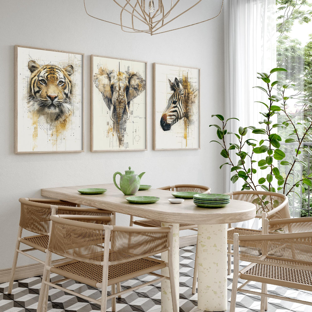 Safari Animals Set of Three Art Prints - 3 Tiger Elephant Zebra Posters - Gold Blueprint Watercolour Wall Art Illustration