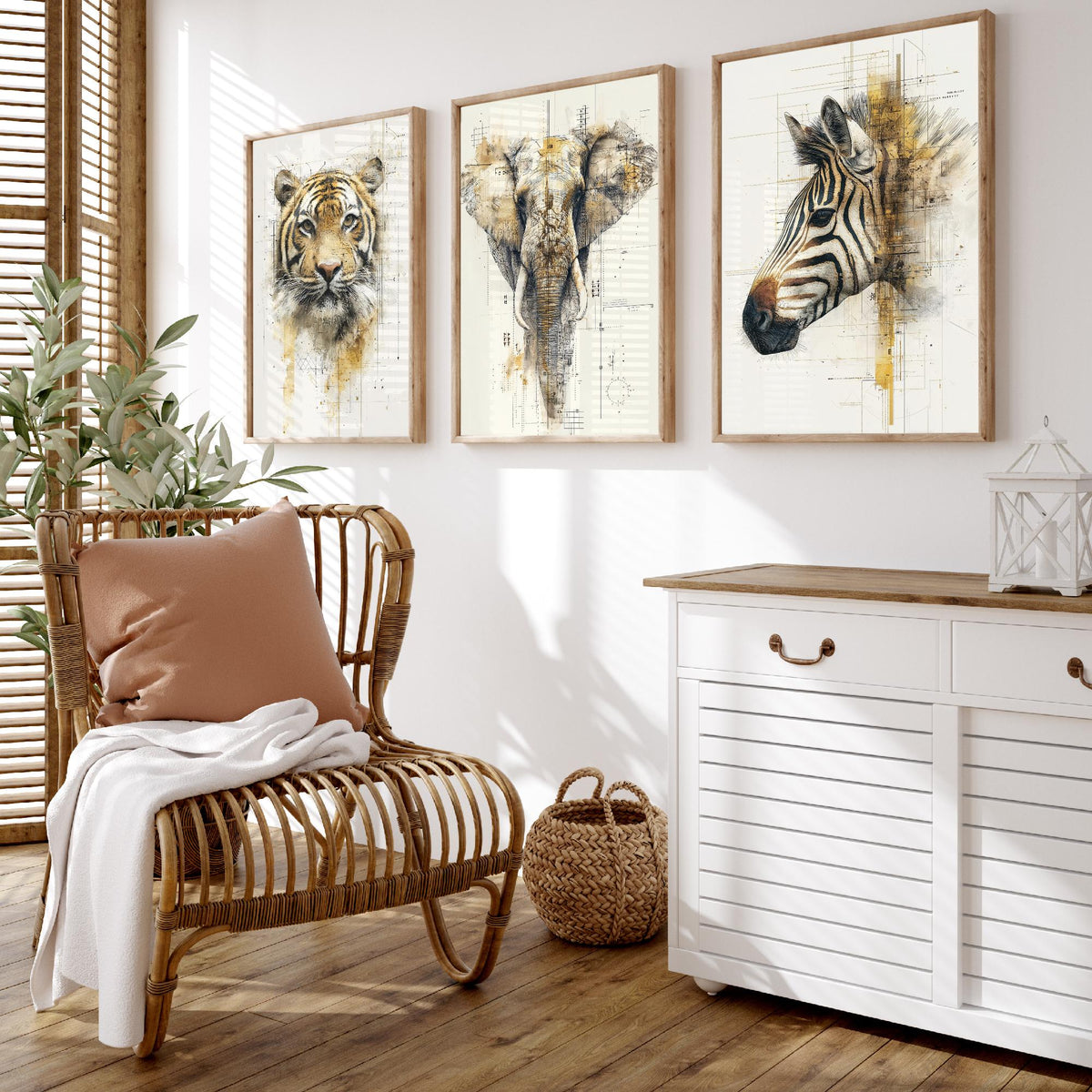 Safari Animals Set of Three Art Prints - 3 Tiger Elephant Zebra Posters - Gold Blueprint Watercolour Wall Art Illustration