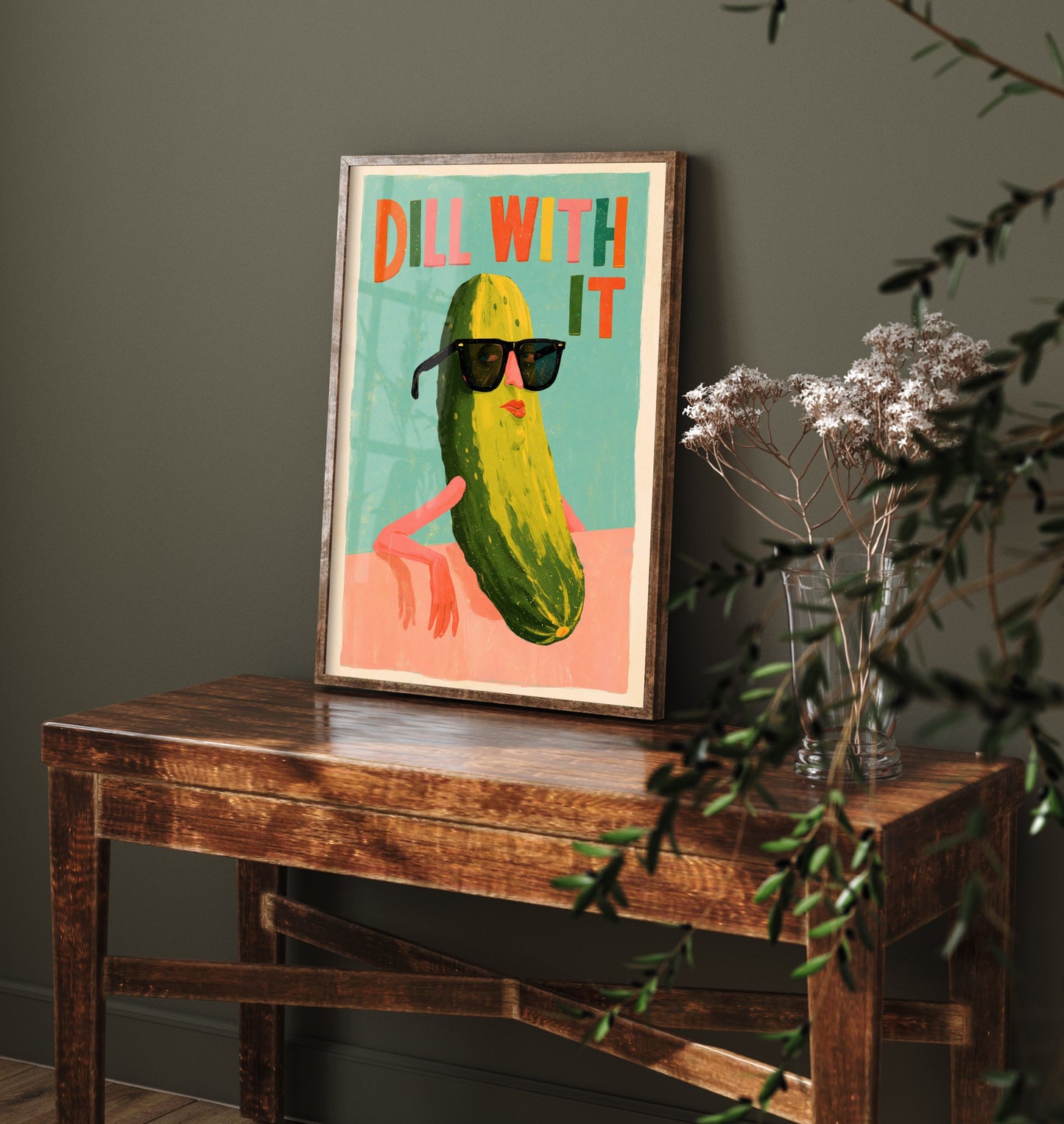 Dill With It Art Print - Cool Pickle in Sunglasses Poster - Funny Painterly Kitchen Painting