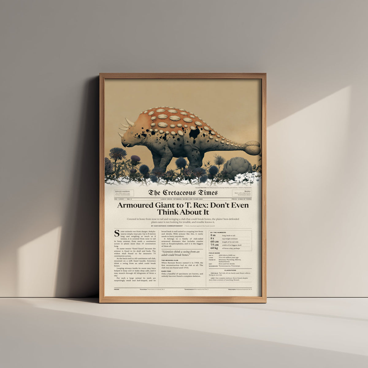 Ankylosaurus Art Print - Cretaceous Times Dinosaur Newspaper Poster - Armoured Giant Vintage Front Page Illustration