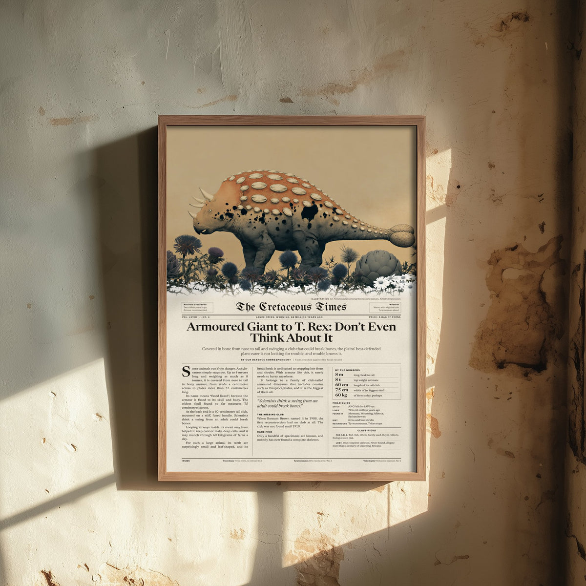 Ankylosaurus Art Print - Cretaceous Times Dinosaur Newspaper Poster - Armoured Giant Vintage Front Page Illustration