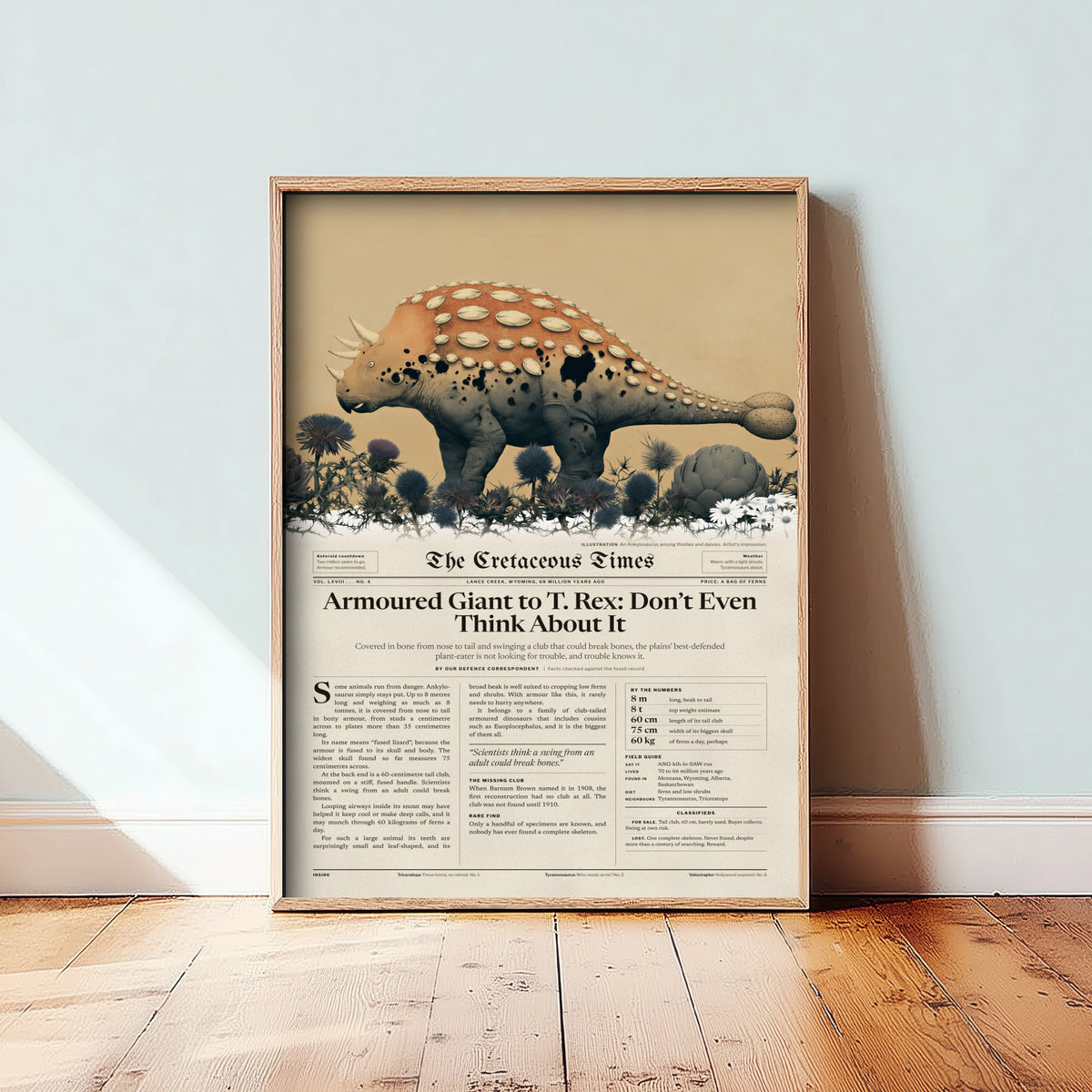 Ankylosaurus Art Print - Cretaceous Times Dinosaur Newspaper Poster - Armoured Giant Vintage Front Page Illustration