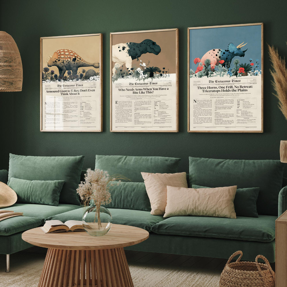 Cretaceous Times Set of Three Art Prints - Ankylosaurus, Tyrannosaurus Rex, Triceratops - Dinosaur Newspaper Poster Illustration V2