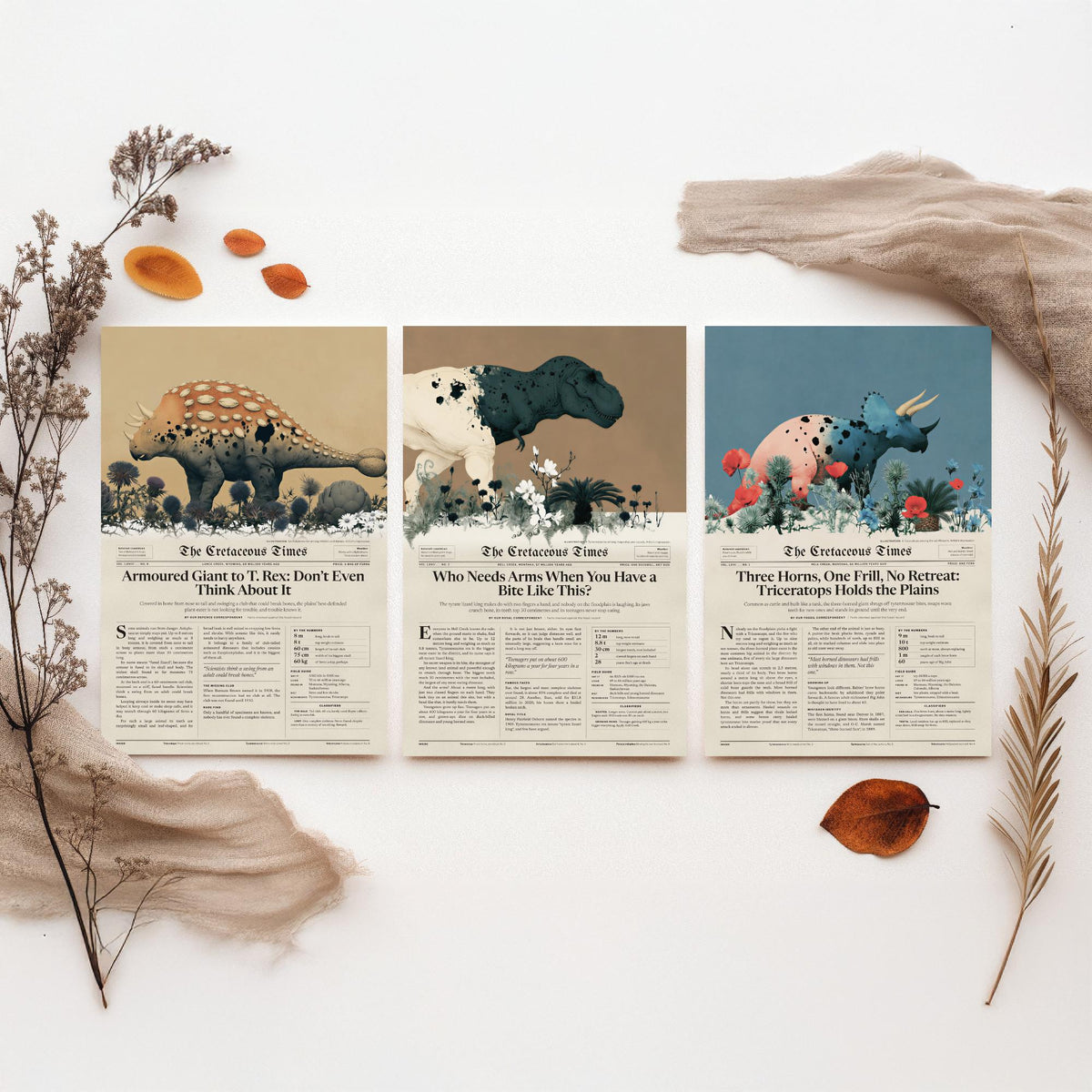 Cretaceous Times Set of Three Art Prints - Ankylosaurus, Tyrannosaurus Rex, Triceratops - Dinosaur Newspaper Poster Illustration V2