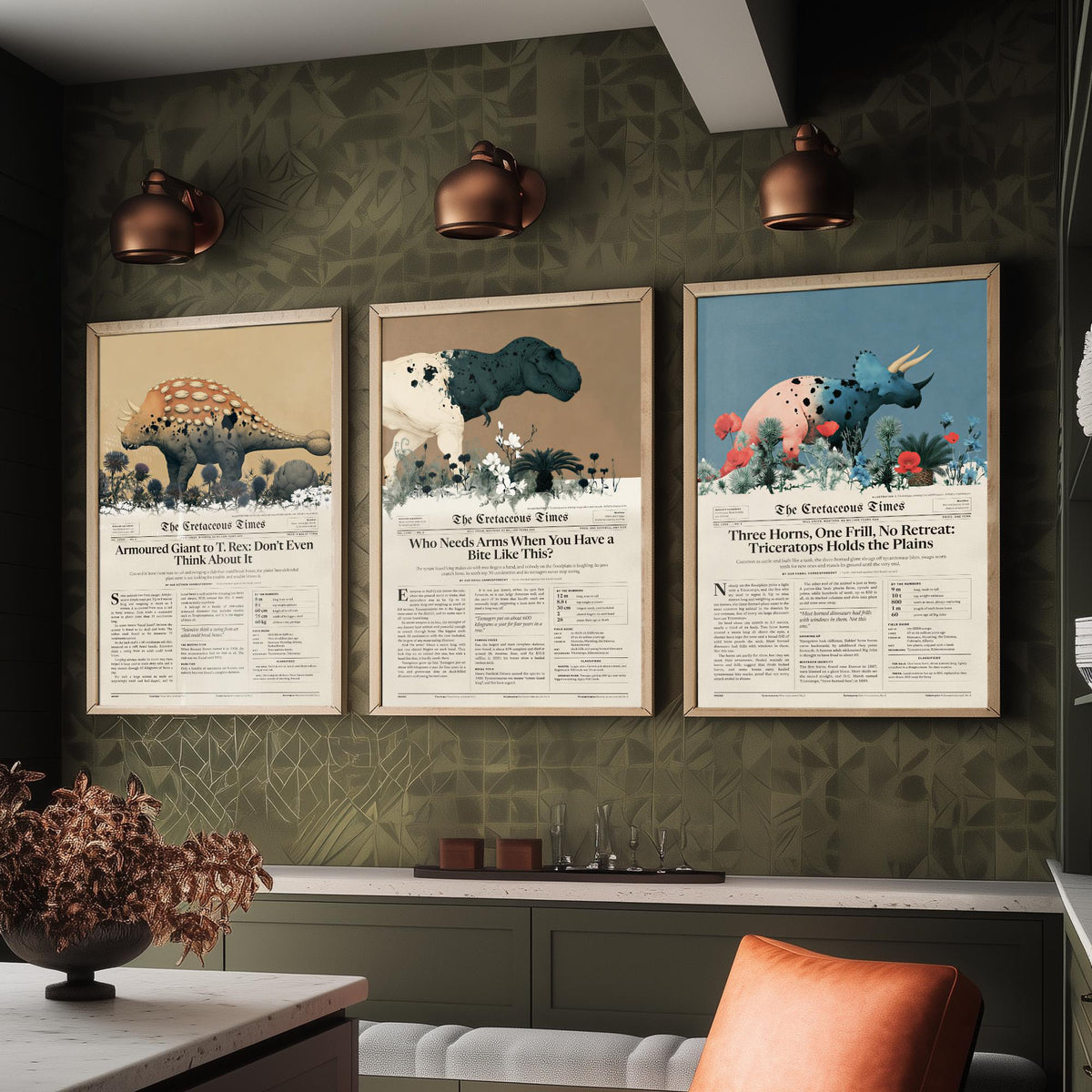 Cretaceous Times Set of Three Art Prints - Ankylosaurus, Tyrannosaurus Rex, Triceratops - Dinosaur Newspaper Poster Illustration V2