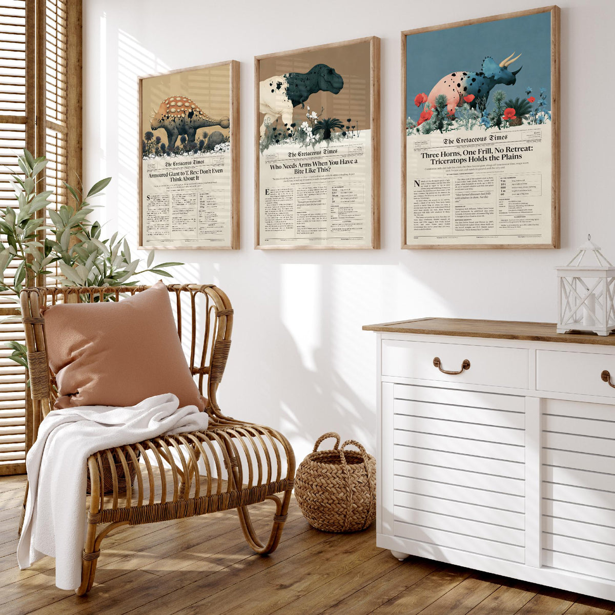 Cretaceous Times Set of Three Art Prints - Ankylosaurus, Tyrannosaurus Rex, Triceratops - Dinosaur Newspaper Poster Illustration V2