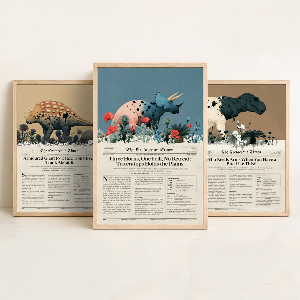 Cretaceous Times Set of Three Art Prints - Ankylosaurus, Tyrannosaurus Rex, Triceratops - Dinosaur Newspaper Poster Illustration V2
