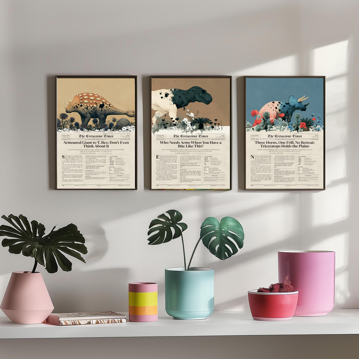 Cretaceous Times Set of Three Art Prints - Ankylosaurus, Tyrannosaurus Rex, Triceratops - Dinosaur Newspaper Poster Illustration V2