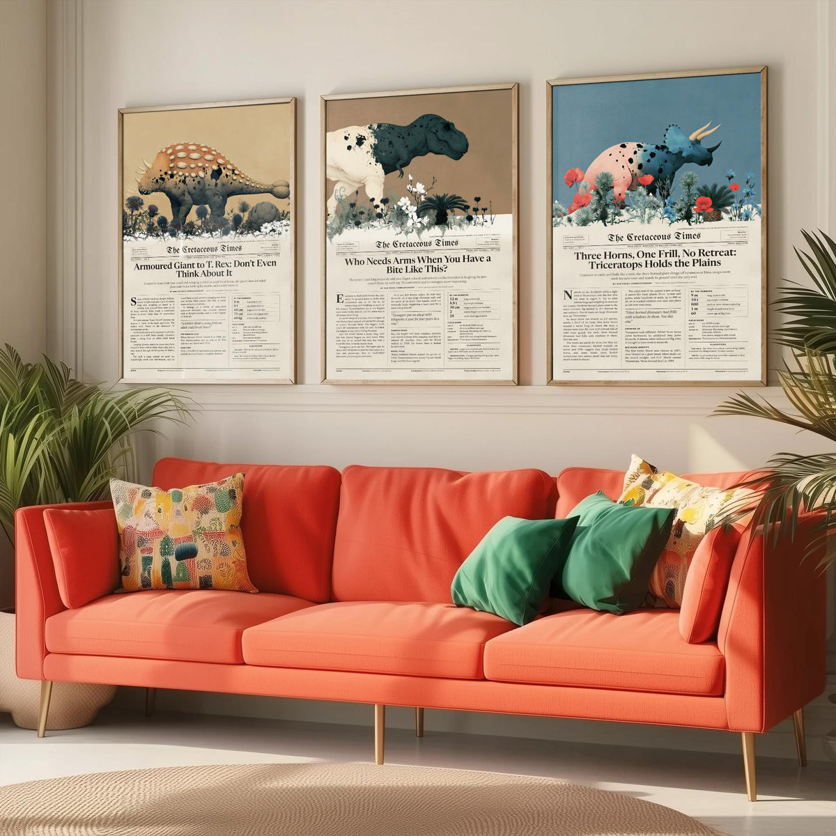 Cretaceous Times Set of Three Art Prints - Ankylosaurus, Tyrannosaurus Rex, Triceratops - Dinosaur Newspaper Poster Illustration V2