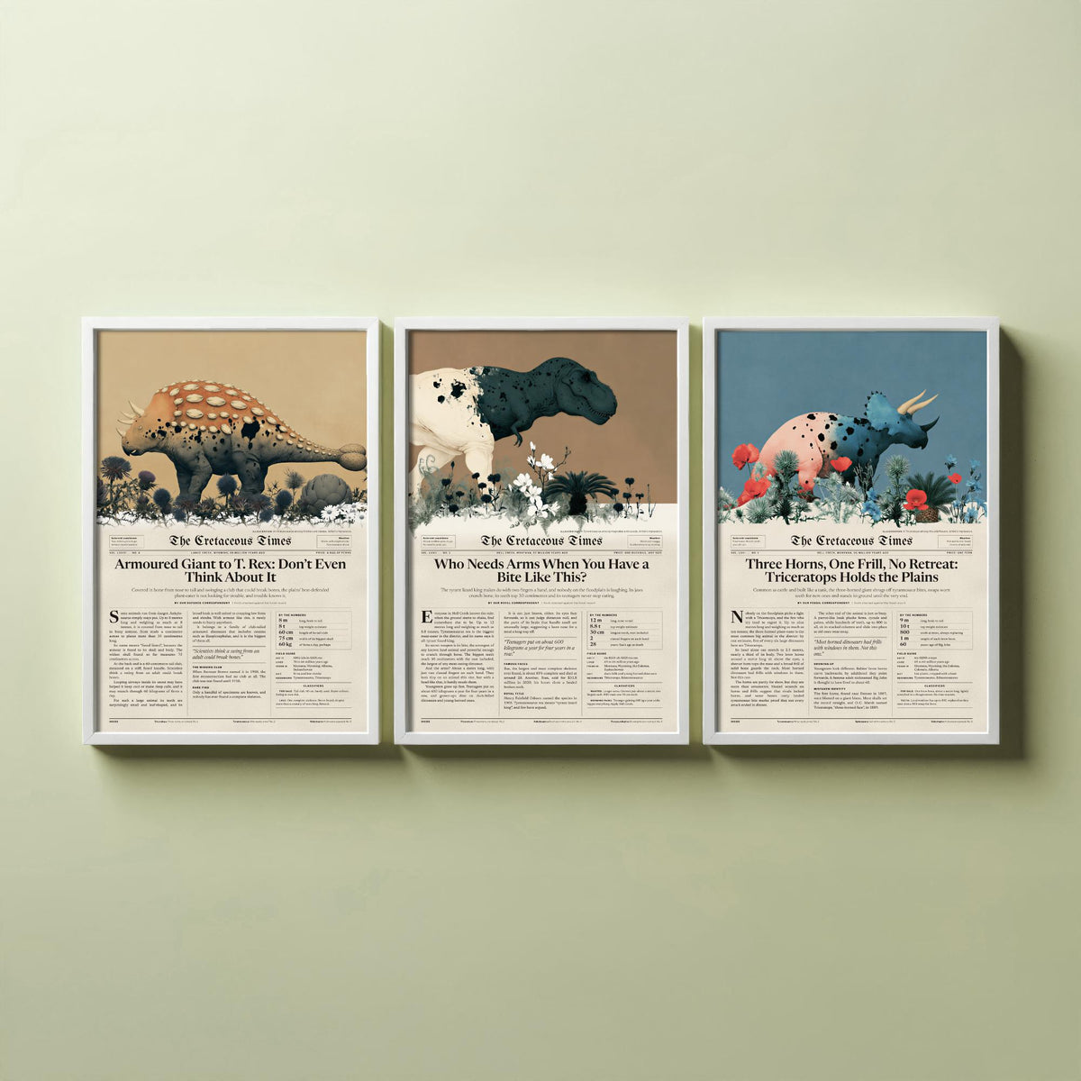 Cretaceous Times Set of Three Art Prints - Ankylosaurus, Tyrannosaurus Rex, Triceratops - Dinosaur Newspaper Poster Illustration V2