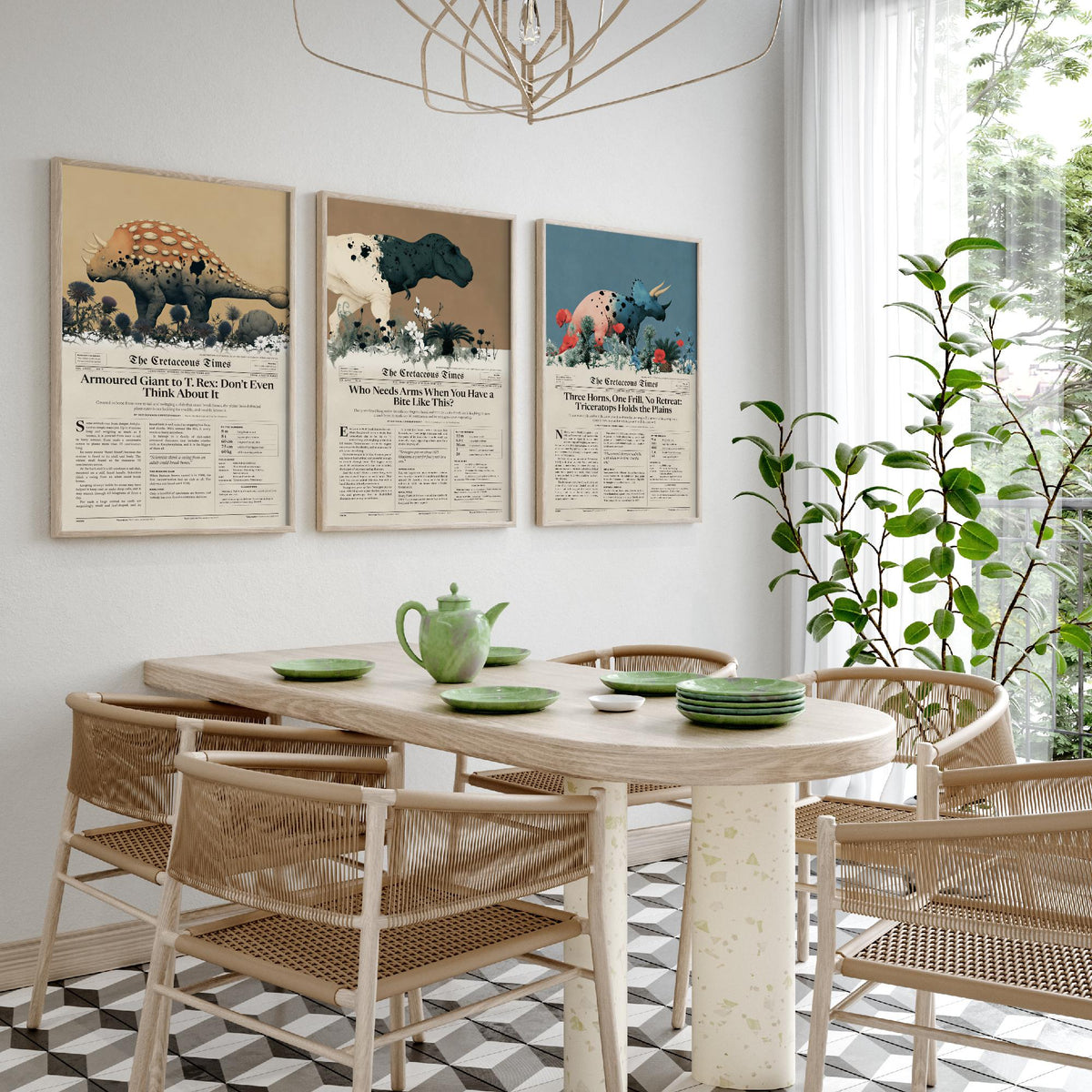 Cretaceous Times Set of Three Art Prints - Ankylosaurus, Tyrannosaurus Rex, Triceratops - Dinosaur Newspaper Poster Illustration V2