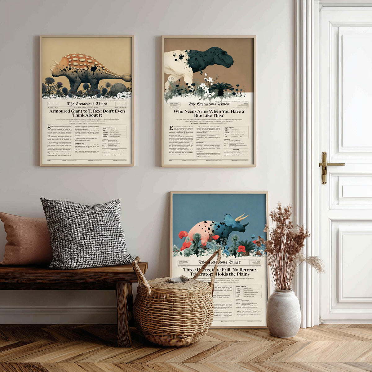 Cretaceous Times Set of Three Art Prints - Ankylosaurus, Tyrannosaurus Rex, Triceratops - Dinosaur Newspaper Poster Illustration V2