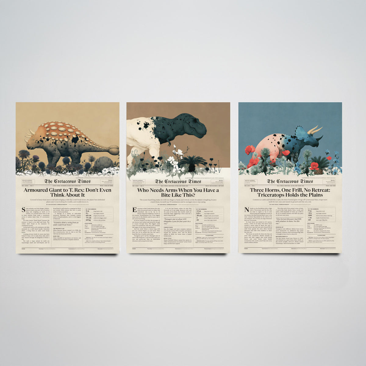 Cretaceous Times Set of Three Art Prints - Ankylosaurus, Tyrannosaurus Rex, Triceratops - Dinosaur Newspaper Poster Illustration V2