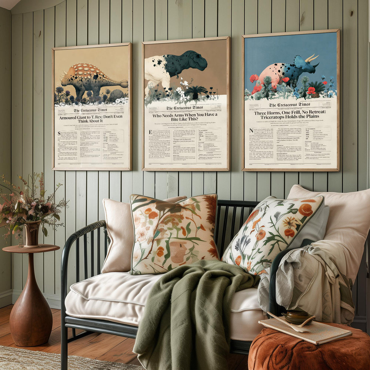 Cretaceous Times Set of Three Art Prints - Ankylosaurus, Tyrannosaurus Rex, Triceratops - Dinosaur Newspaper Poster Illustration V2