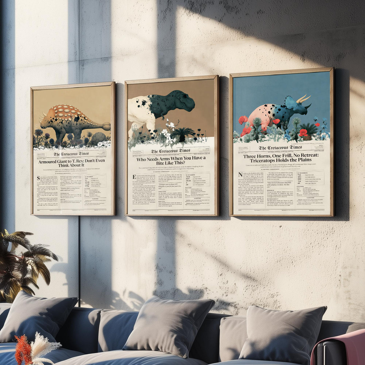Cretaceous Times Set of Three Art Prints - Ankylosaurus, Tyrannosaurus Rex, Triceratops - Dinosaur Newspaper Poster Illustration V2