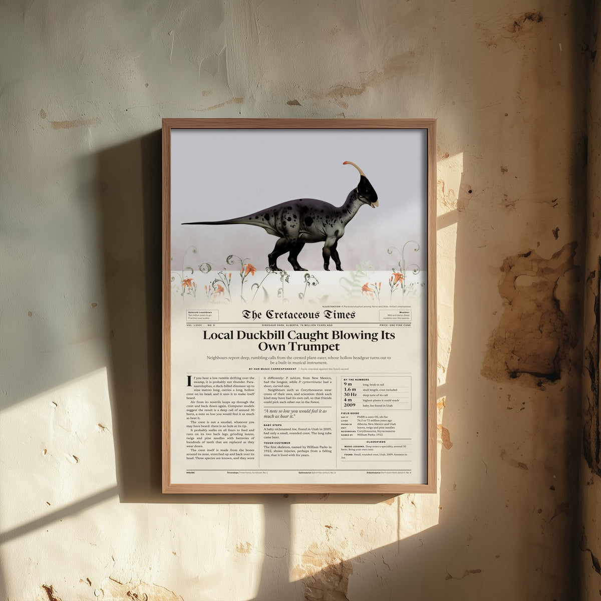 Parasaurolophus Art Print - Local Duckbill Blowing Its Own Trumpet - Cretaceous Times Dinosaur Newspaper Poster Illustration