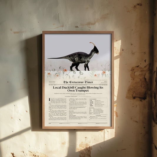Parasaurolophus Art Print - Local Duckbill Blowing Its Own Trumpet - Cretaceous Times Dinosaur Newspaper Poster Illustration
