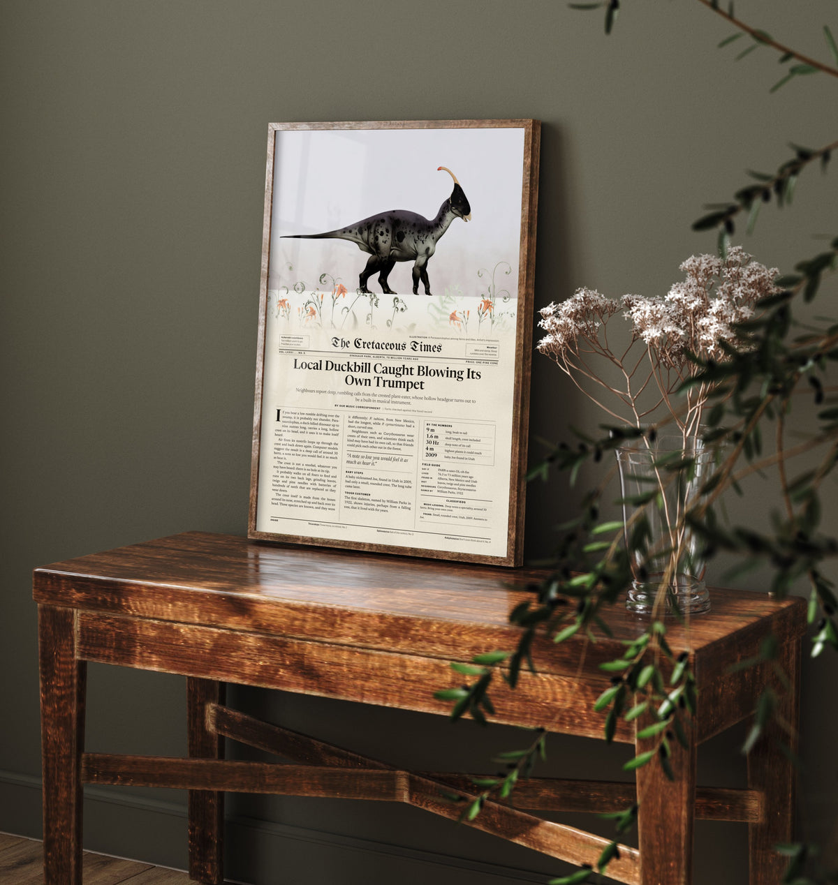 Parasaurolophus Art Print - Local Duckbill Blowing Its Own Trumpet - Cretaceous Times Dinosaur Newspaper Poster Illustration