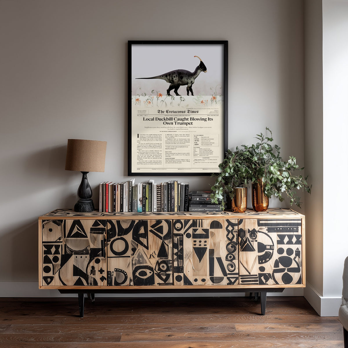 Parasaurolophus Art Print - Local Duckbill Blowing Its Own Trumpet - Cretaceous Times Dinosaur Newspaper Poster Illustration