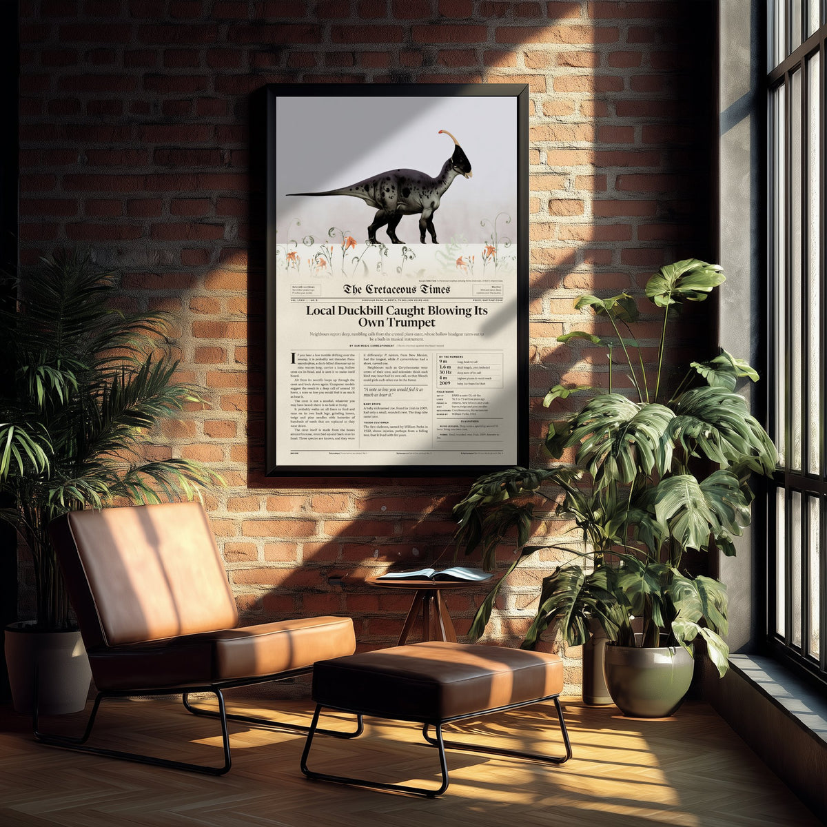 Parasaurolophus Art Print - Local Duckbill Blowing Its Own Trumpet - Cretaceous Times Dinosaur Newspaper Poster Illustration