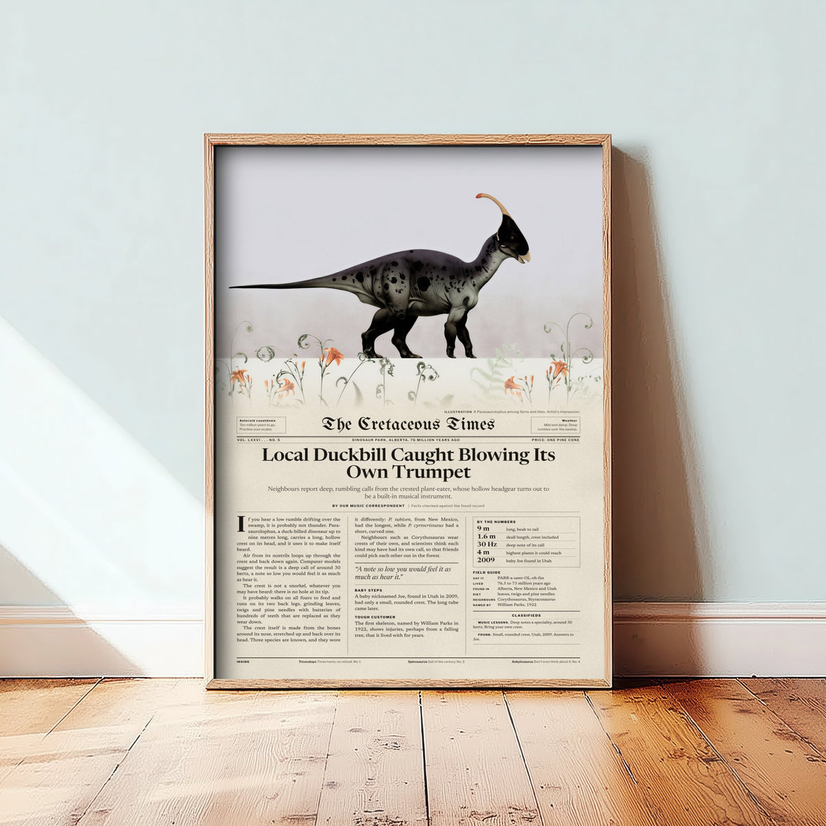 Parasaurolophus Art Print - Local Duckbill Blowing Its Own Trumpet - Cretaceous Times Dinosaur Newspaper Poster Illustration