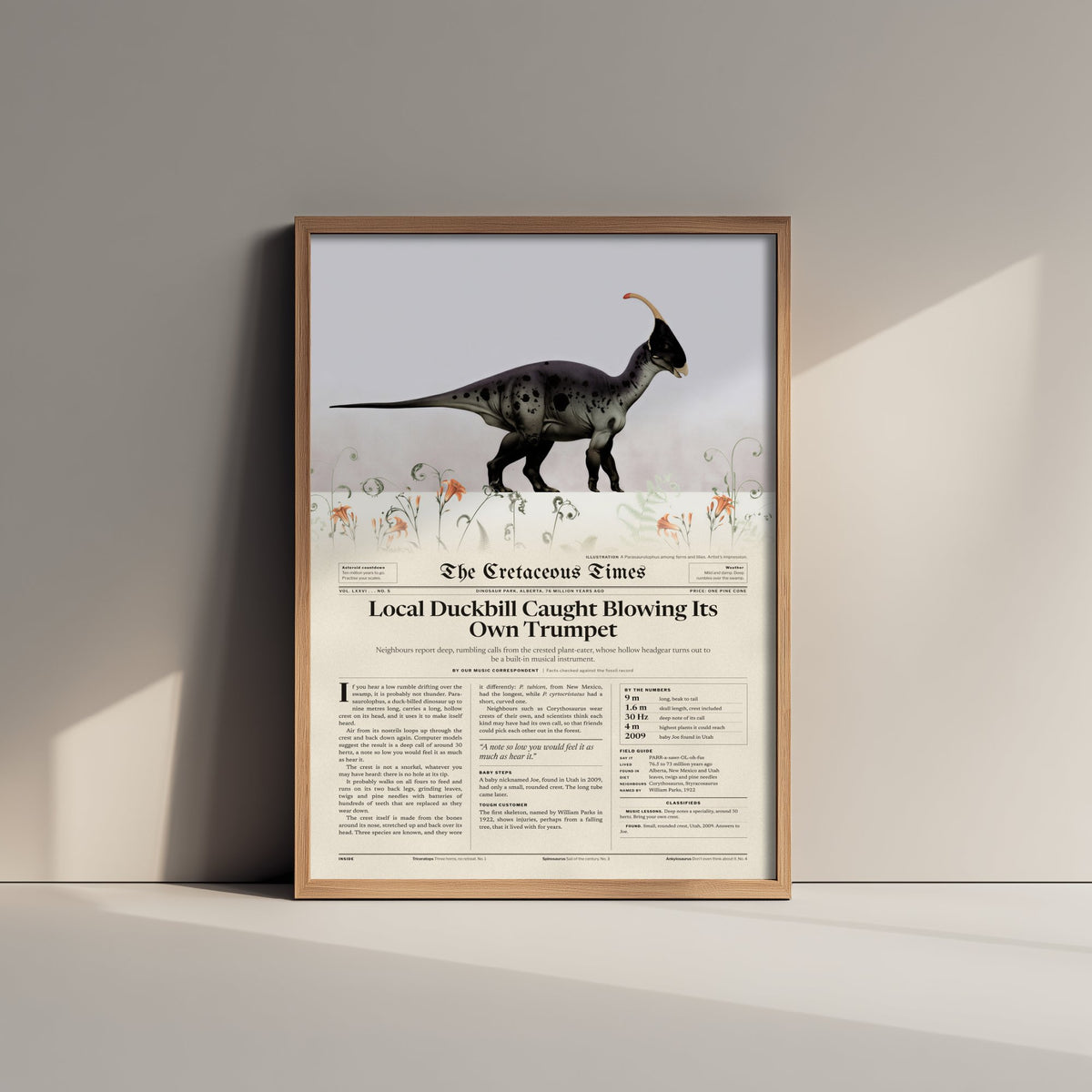 Parasaurolophus Art Print - Local Duckbill Blowing Its Own Trumpet - Cretaceous Times Dinosaur Newspaper Poster Illustration
