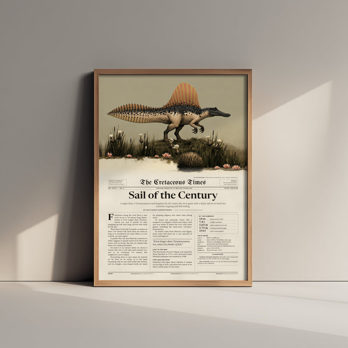 Spinosaurus Art Print - Sail of the Century - Cretaceous Times Dinosaur Newspaper Poster - River Giant Illustration