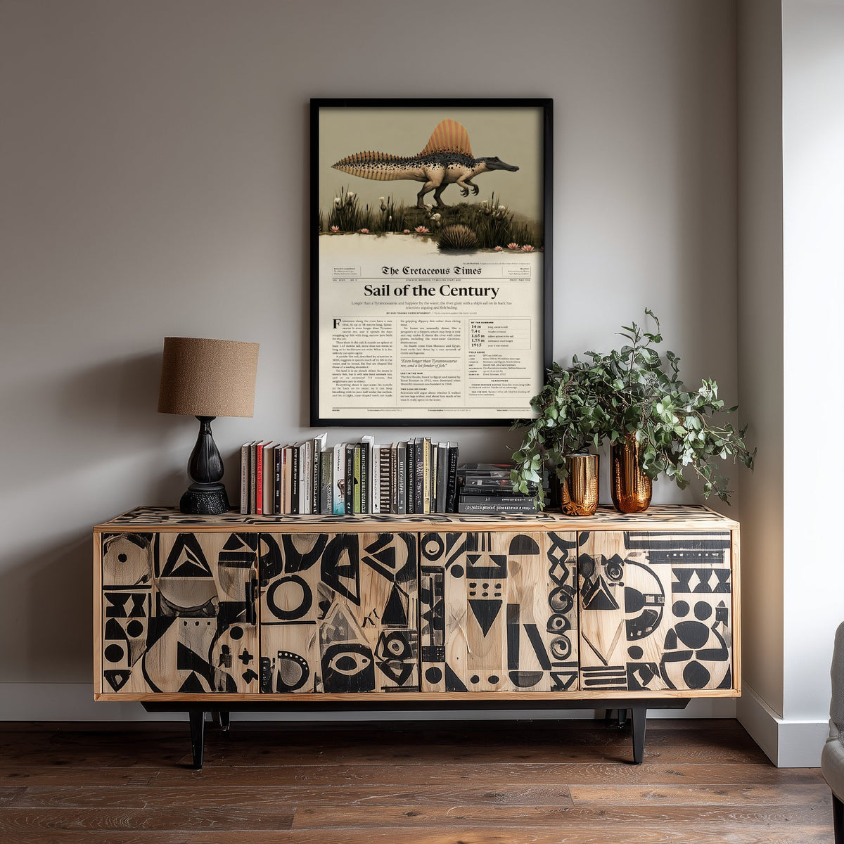 Spinosaurus Art Print - Sail of the Century - Cretaceous Times Dinosaur Newspaper Poster - River Giant Illustration