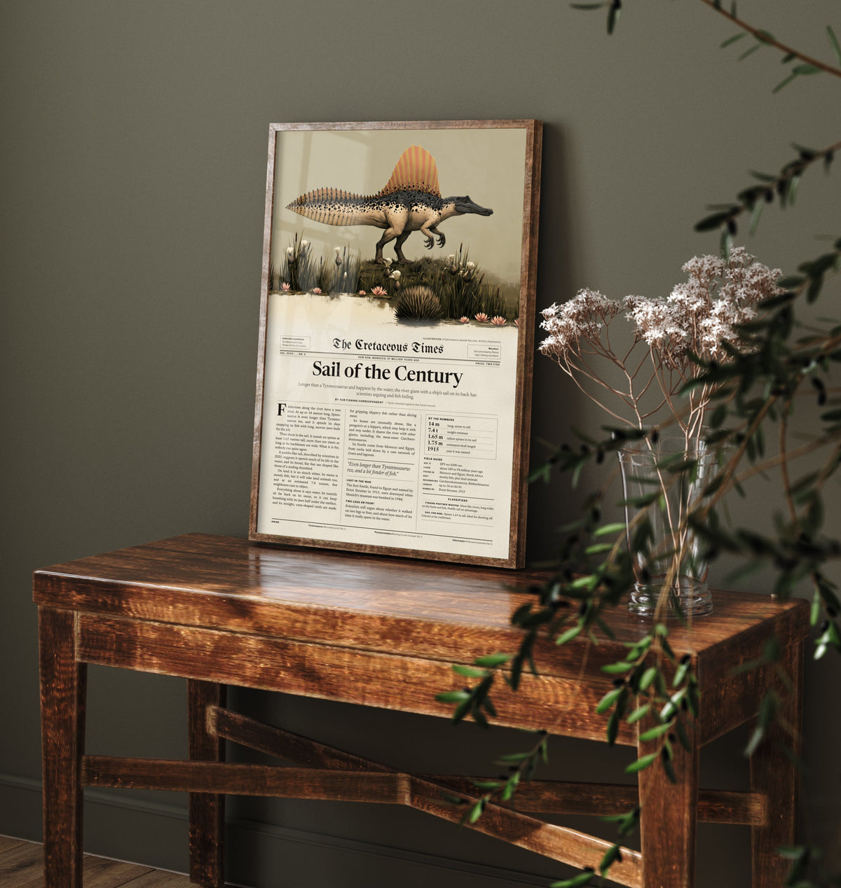 Spinosaurus Art Print - Sail of the Century - Cretaceous Times Dinosaur Newspaper Poster - River Giant Illustration