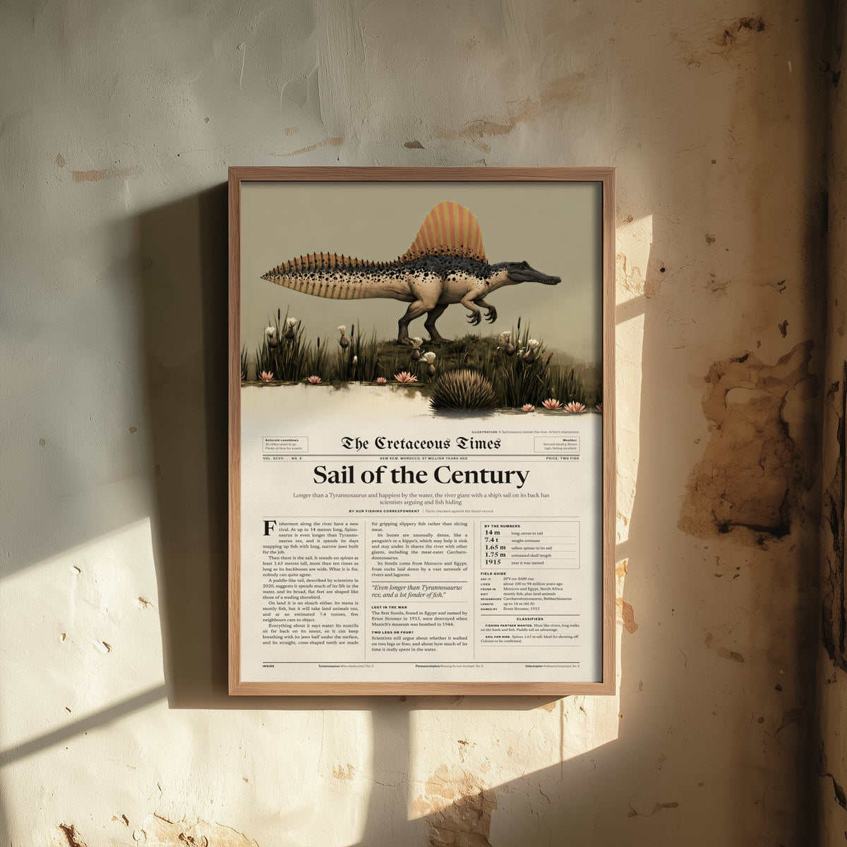 Spinosaurus Art Print - Sail of the Century - Cretaceous Times Dinosaur Newspaper Poster - River Giant Illustration