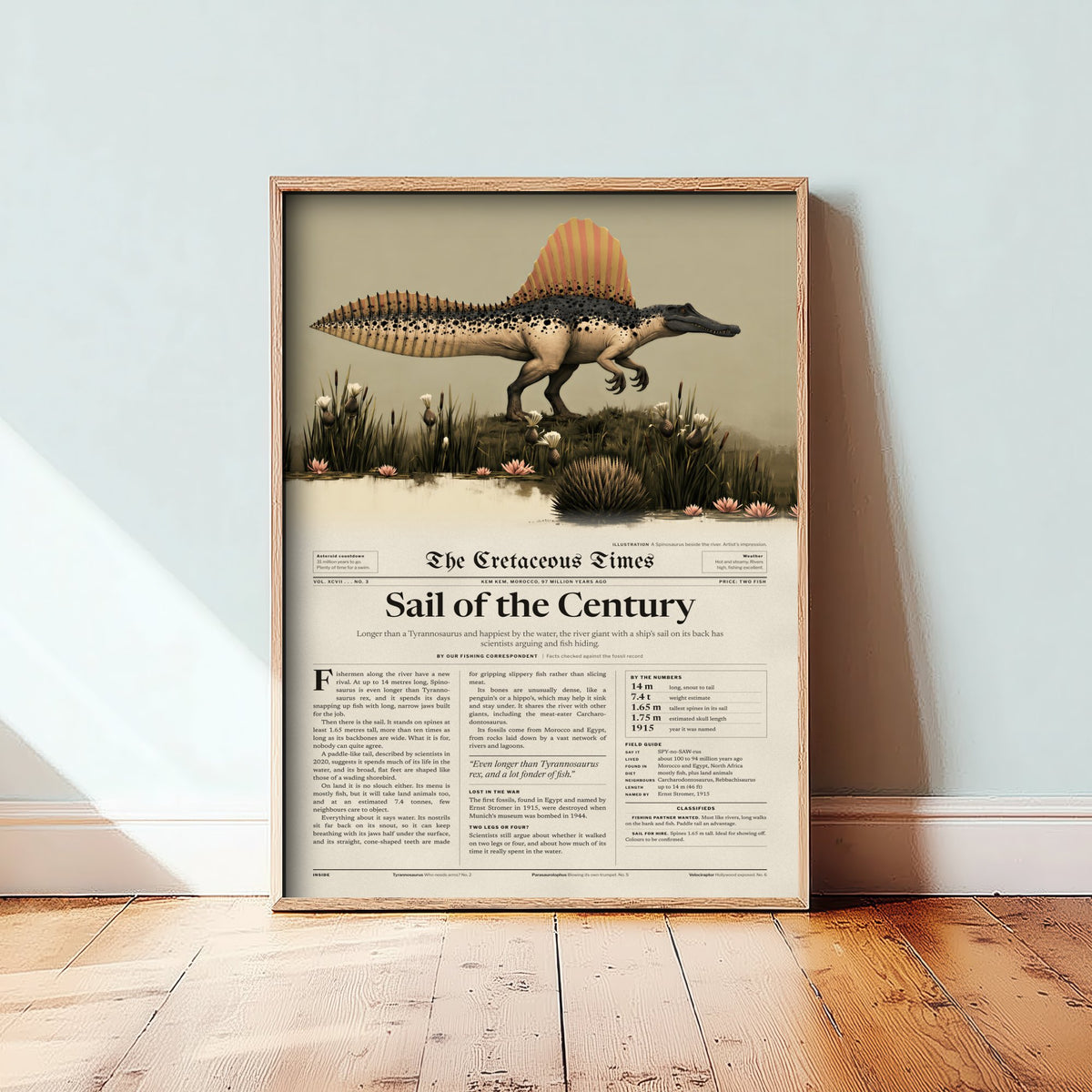Spinosaurus Art Print - Sail of the Century - Cretaceous Times Dinosaur Newspaper Poster - River Giant Illustration