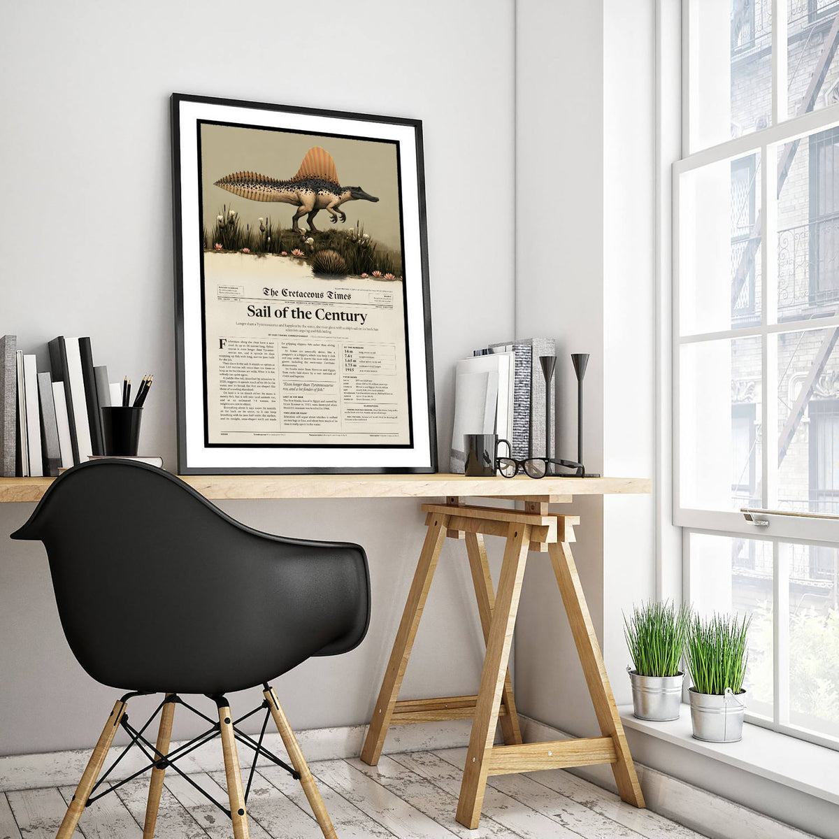 Spinosaurus Art Print - Sail of the Century - Cretaceous Times Dinosaur Newspaper Poster - River Giant Illustration