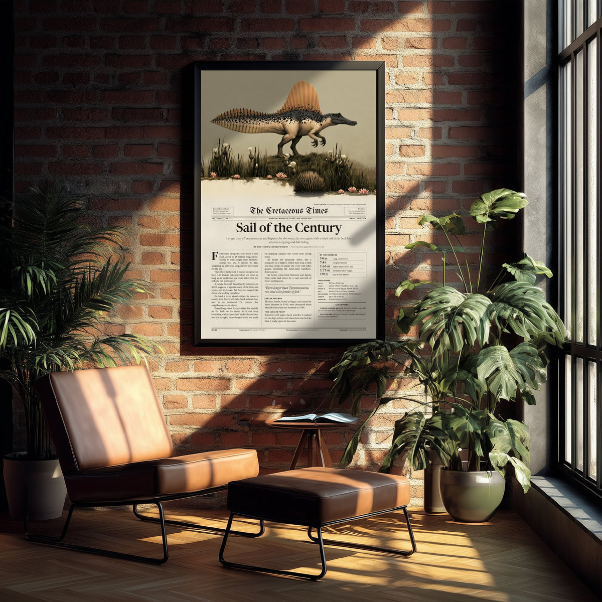 Spinosaurus Art Print - Sail of the Century - Cretaceous Times Dinosaur Newspaper Poster - River Giant Illustration