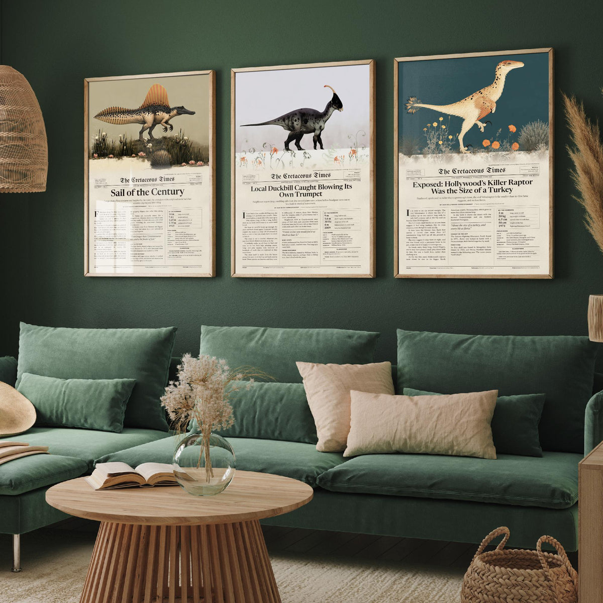 Dinosaur Newspaper Set of Three Art Prints - Spinosaurus, Parasaurolophus, Velociraptor - Cretaceous Times Poster Illustration V1