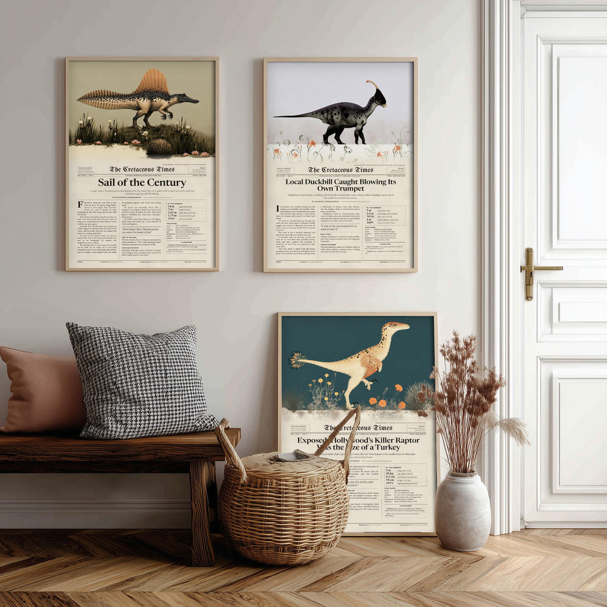 Dinosaur Newspaper Set of Three Art Prints - Spinosaurus, Parasaurolophus, Velociraptor - Cretaceous Times Poster Illustration V1