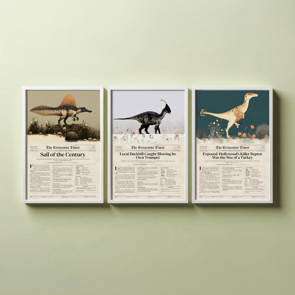 Dinosaur Newspaper Set of Three Art Prints - Spinosaurus, Parasaurolophus, Velociraptor - Cretaceous Times Poster Illustration V1