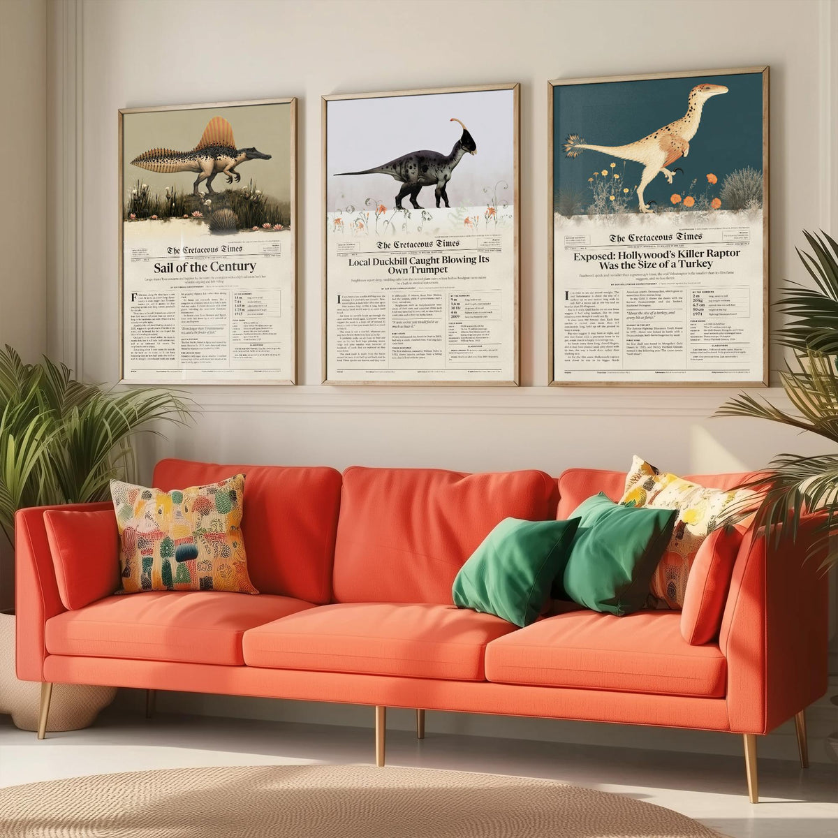 Dinosaur Newspaper Set of Three Art Prints - Spinosaurus, Parasaurolophus, Velociraptor - Cretaceous Times Poster Illustration V1