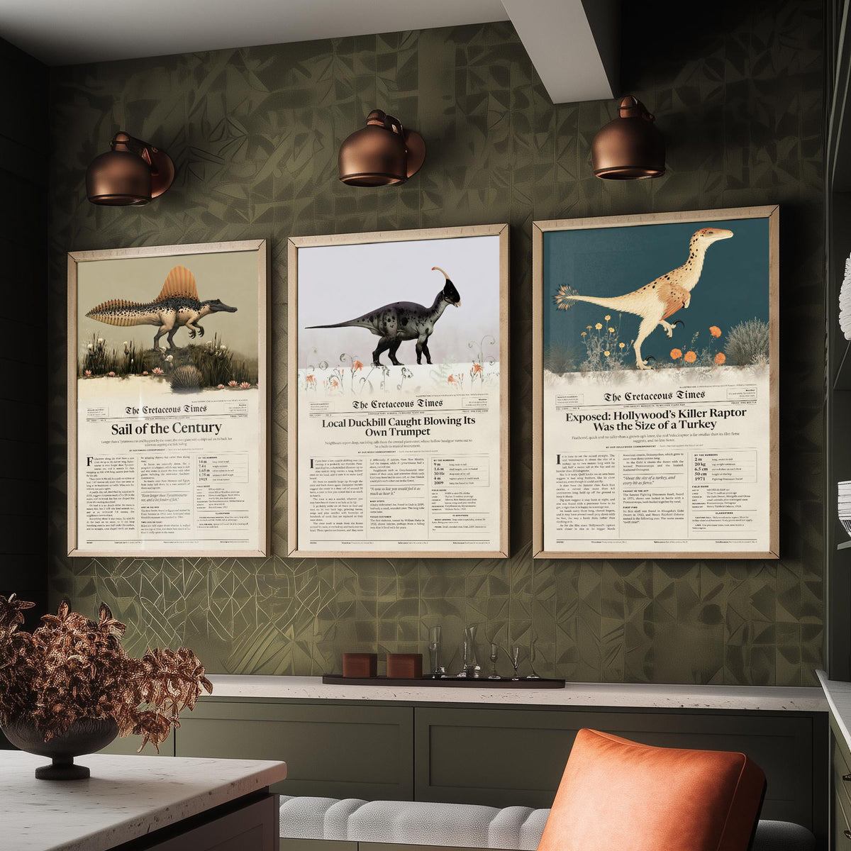 Dinosaur Newspaper Set of Three Art Prints - Spinosaurus, Parasaurolophus, Velociraptor - Cretaceous Times Poster Illustration V1