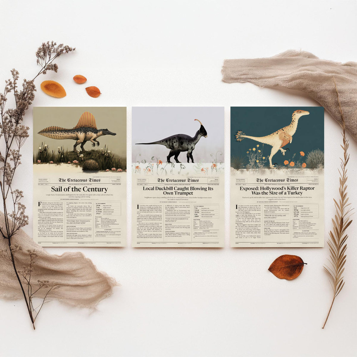 Dinosaur Newspaper Set of Three Art Prints - Spinosaurus, Parasaurolophus, Velociraptor - Cretaceous Times Poster Illustration V1