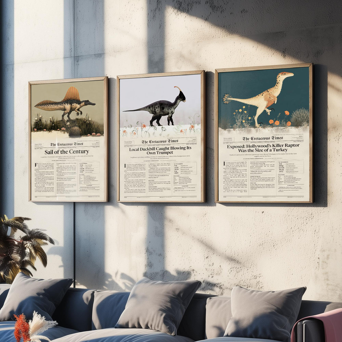 Dinosaur Newspaper Set of Three Art Prints - Spinosaurus, Parasaurolophus, Velociraptor - Cretaceous Times Poster Illustration V1