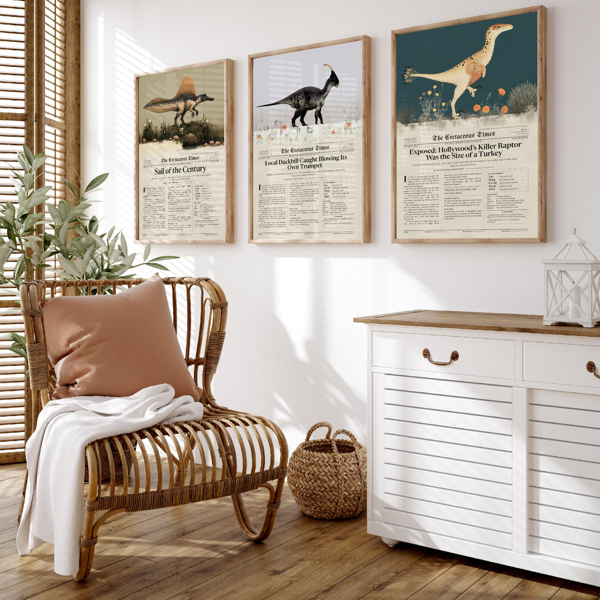 Dinosaur Newspaper Set of Three Art Prints - Spinosaurus, Parasaurolophus, Velociraptor - Cretaceous Times Poster Illustration V1